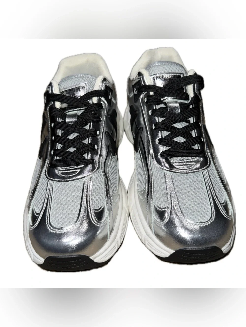 TRUE RELIGION *NWT Metallic Silver Running Shoes Dad Sneakers Streetwear | Sz 10